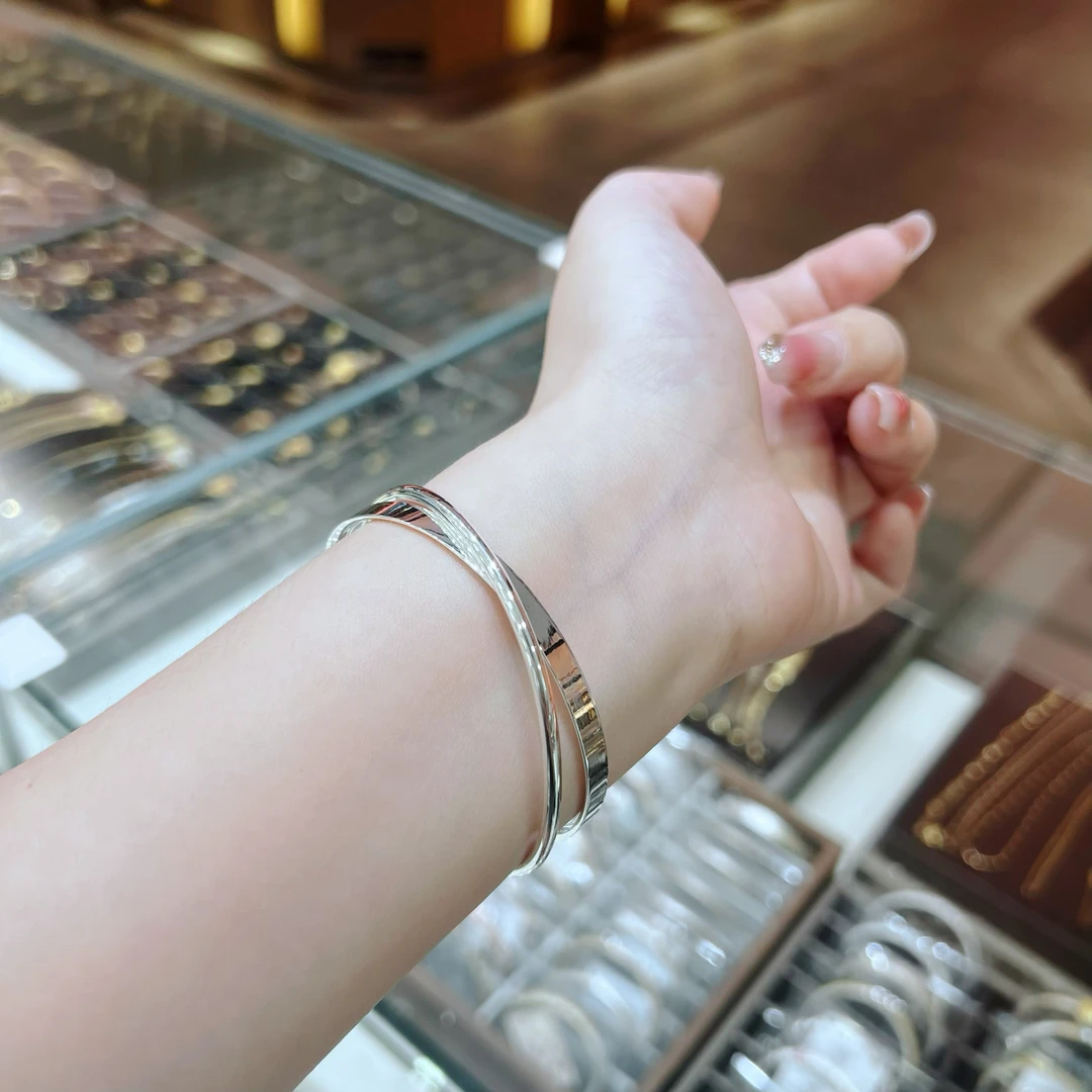 足银手镯 足银999亮面拉丝环环相扣双环闭口手镯时尚精致简约个性