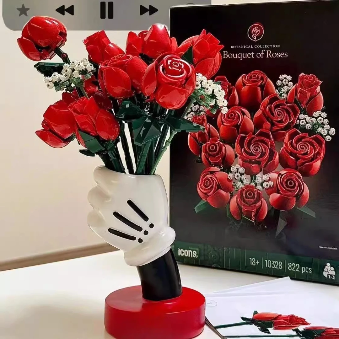 新款红色玫瑰花米奇手套花束仿真积木花手棒花送女朋友情人节礼物