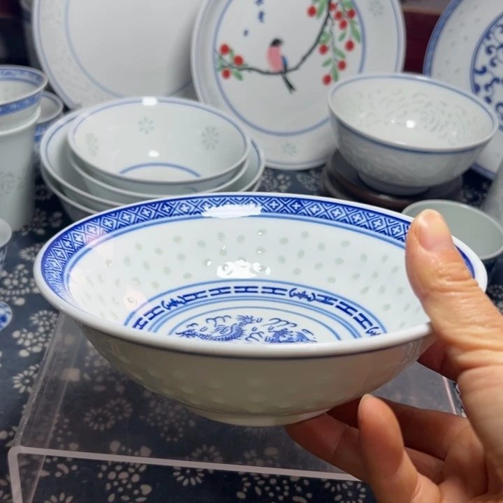 陶青花玲珑7寸荷叶碗