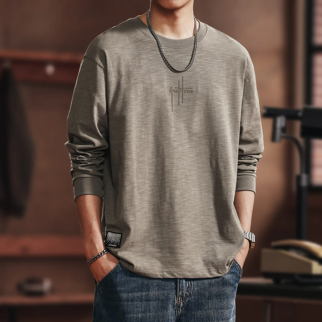 格蓝鹿高端日系潮牌竹节棉刺绣长袖T恤男款2025秋季宽松纯棉上衣