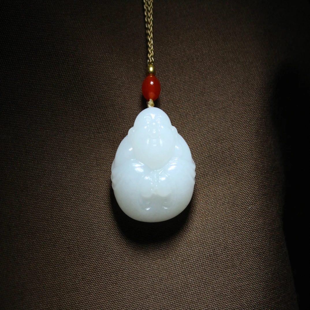 天然和田玉白玉弥勒佛笑佛抱抱佛尺寸23.3/23/12mm，重量：10.16g