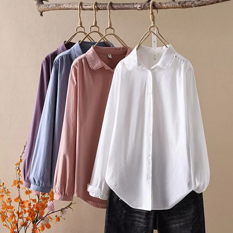 简约宽松长袖衬衫女文艺风花边娃娃领百搭休闲大码纯棉上衣春秋季
