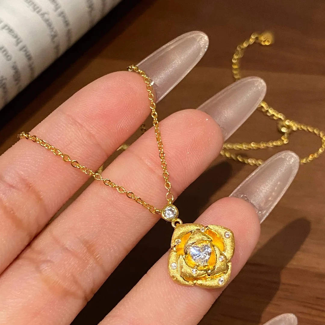 坠链均925银锆石 纯银925拉丝玫瑰花朵爱心吊坠项链锁骨颈链配饰