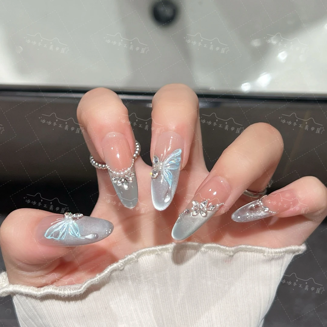 【蓝蝴蝶】纯手工法式蓝色猫眼碎钻爆闪显白高级感穿戴甲