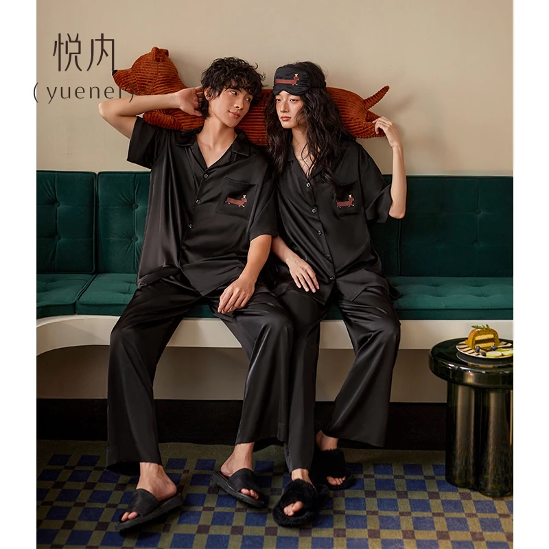 悦内情侣睡衣女夏季夏天冰丝绸短袖长裤家居服男士薄款黑色高级感