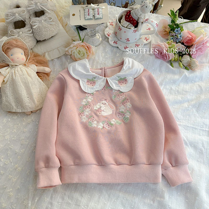 女童草莓荷叶领兔子花朵绣花刺绣卫衣上衣TSQ-021