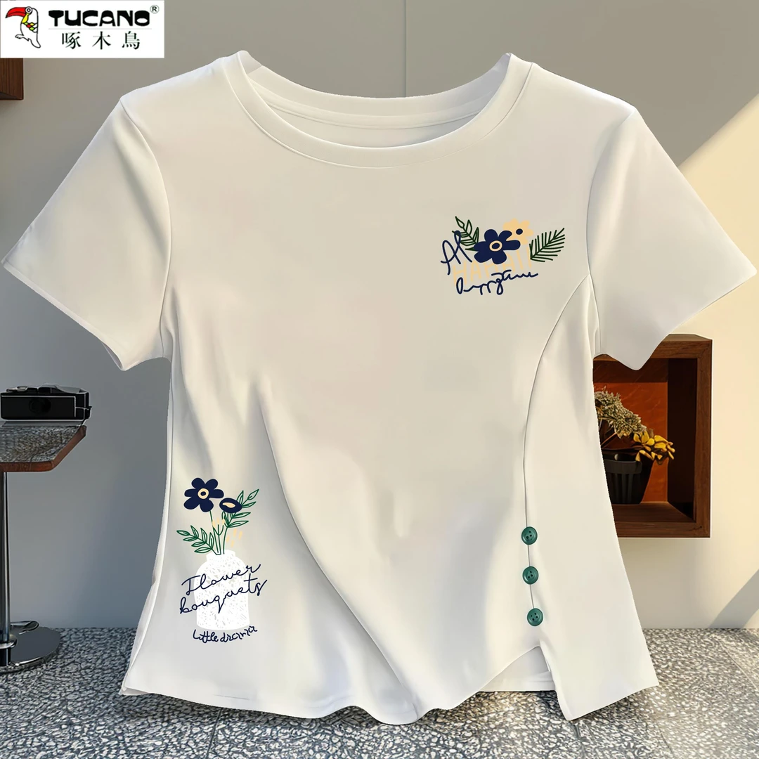 啄木鸟纯棉短袖t恤女2025夏季新款宽松百搭不规则短款体恤女上衣