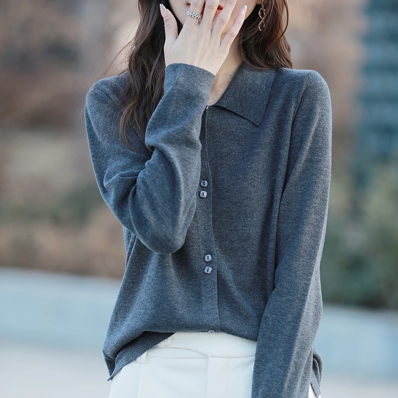 女士衬衣精纺织小翻领毛衣针织衫春秋冬外套内搭丹芙6824-070