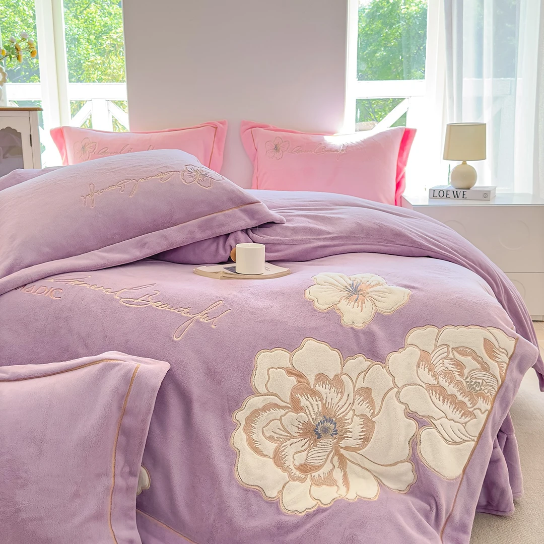 【戴安娜--紫色】高克重母婴级加厚贴布绣牛奶绒四件套