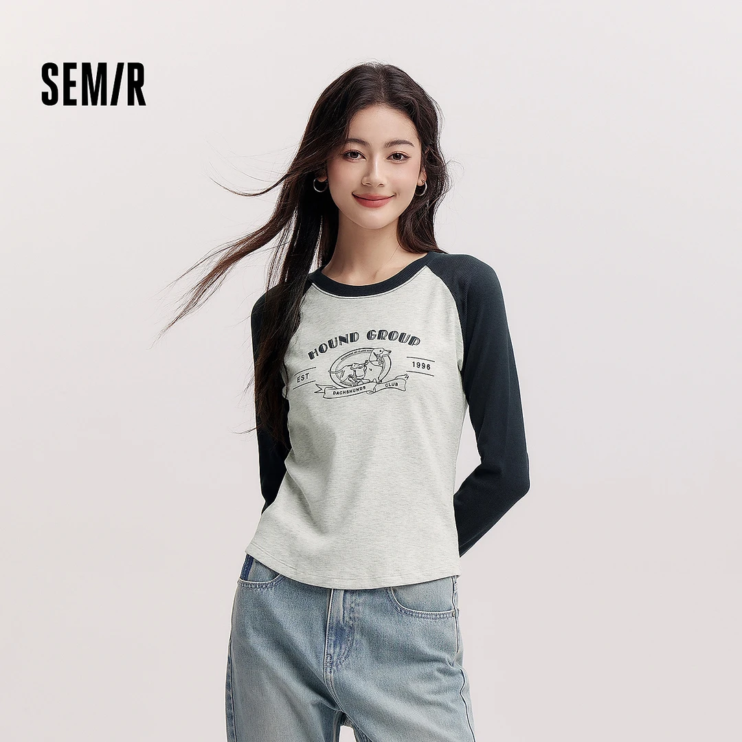 森马长袖T恤女拼色插肩袖小狗套头衫盐系潮冬季修身抓毛衣服显瘦