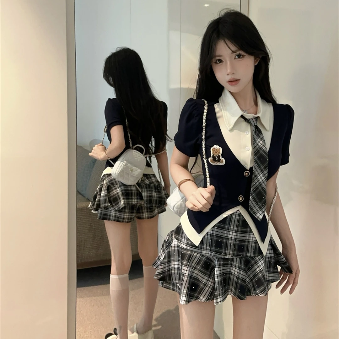 甜美纯欲学院风jk制服套装夏辣妹撞色假两件衬衣格纹半身裙两件套