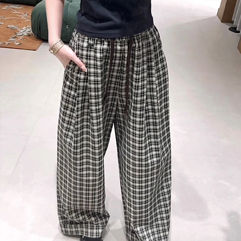 AVVENN2025春季设计师新品松紧腰带抽绳休闲百搭格子长裤
