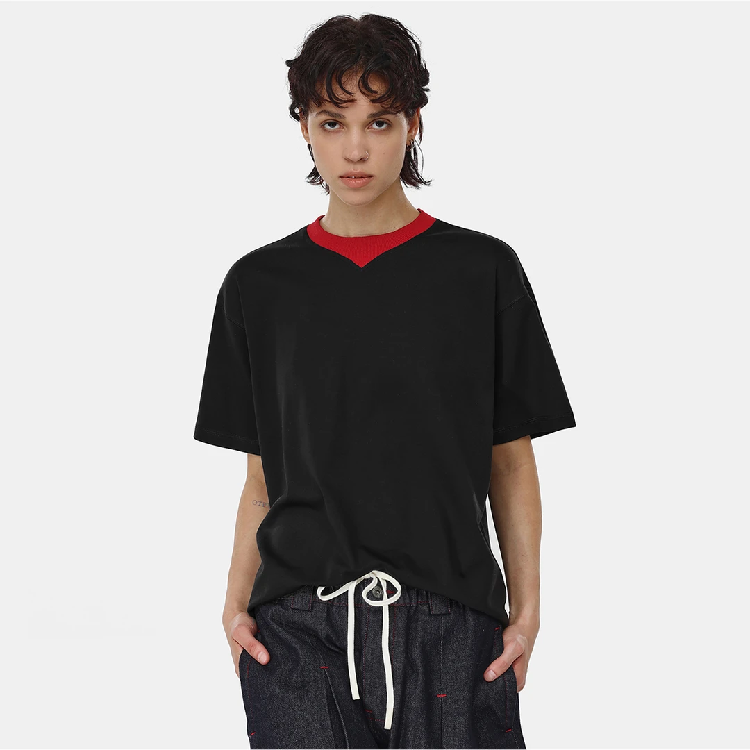 ESAT 双色撞红色领口莱赛尔落肩短袖T