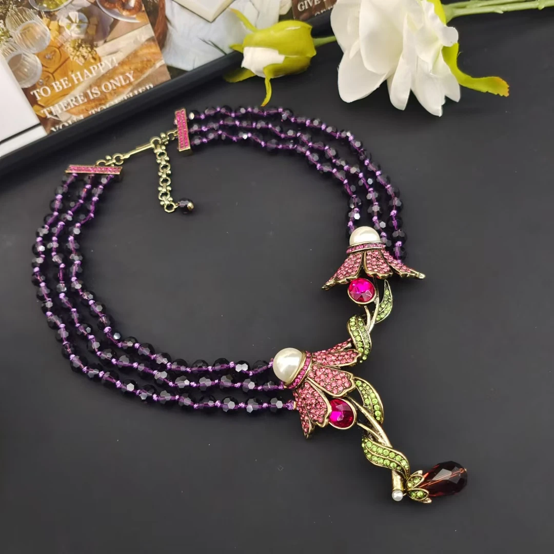 铜合金亚克力项链 中古风缠绕花朵紫色水晶三层项链ST141