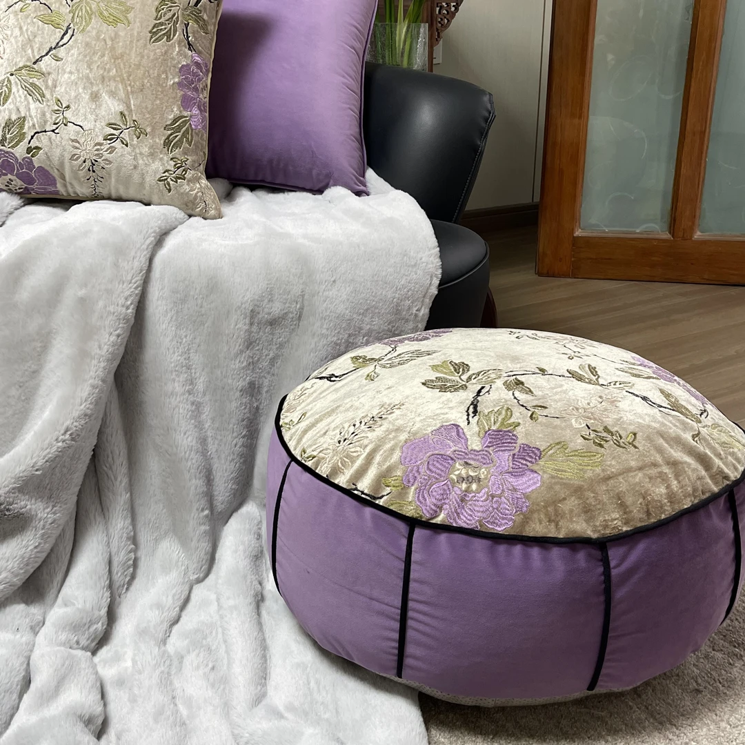 紫色系圆坐墩客厅装饰刺绣蒲团榻榻米坐垫  直径55cm高度18cm