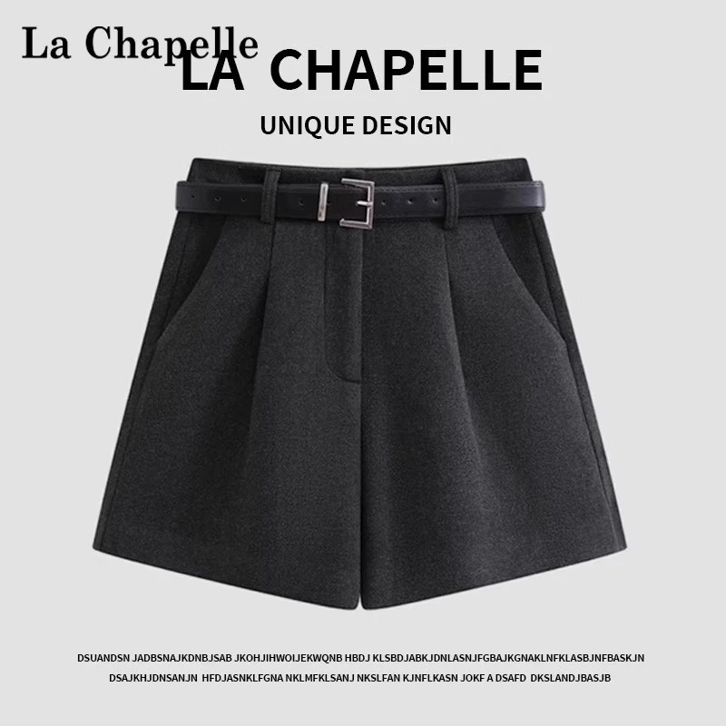 拉夏贝尔灰色毛呢短裤女秋冬季外穿配靴子高腰宽松阔腿a字五分裤