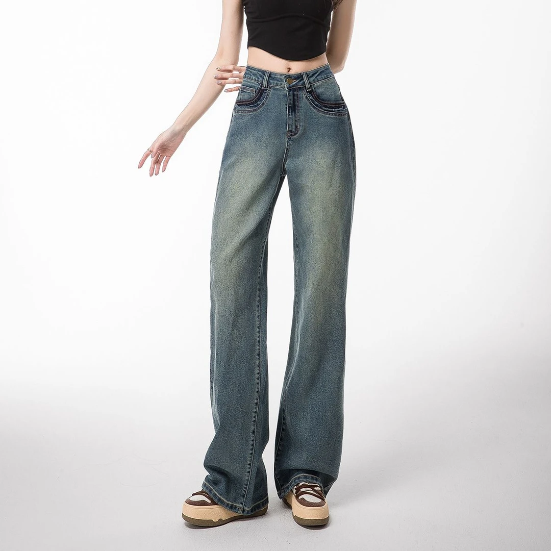 茵曼复古水洗高腰牛仔裤女25年春季女装时尚宽松显瘦直筒裤长裤子