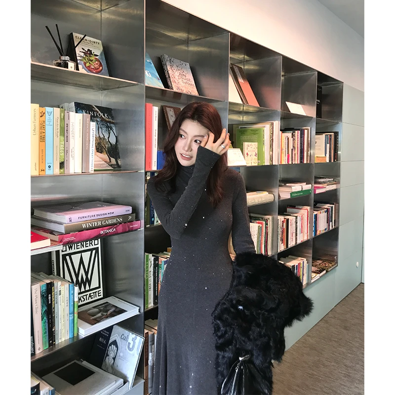 【ALONE SAVOR】龍喜儿灰色微光 秋冬气质莱赛尔连衣裙长裙K289