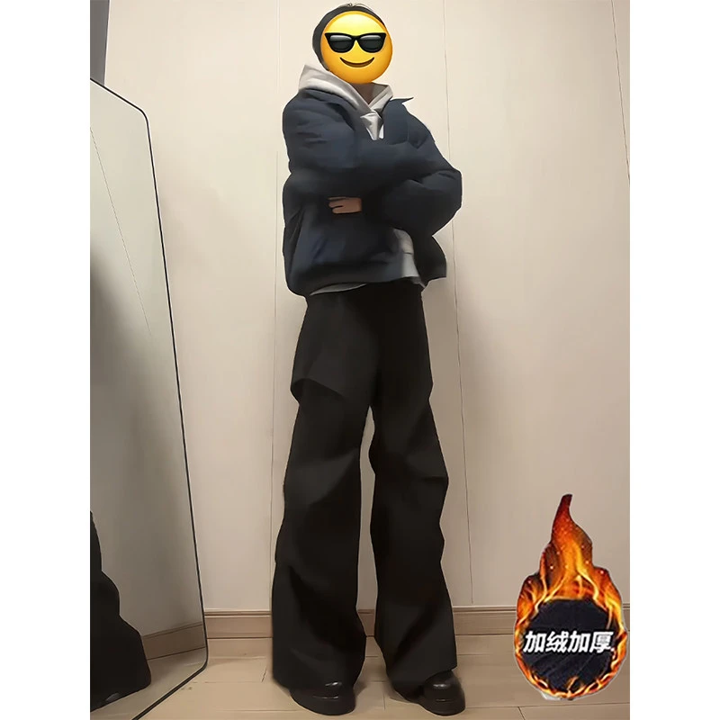 行星世界黑色加绒褶皱西裤男款秋冬saiw垂感裤子直筒休闲微喇长裤