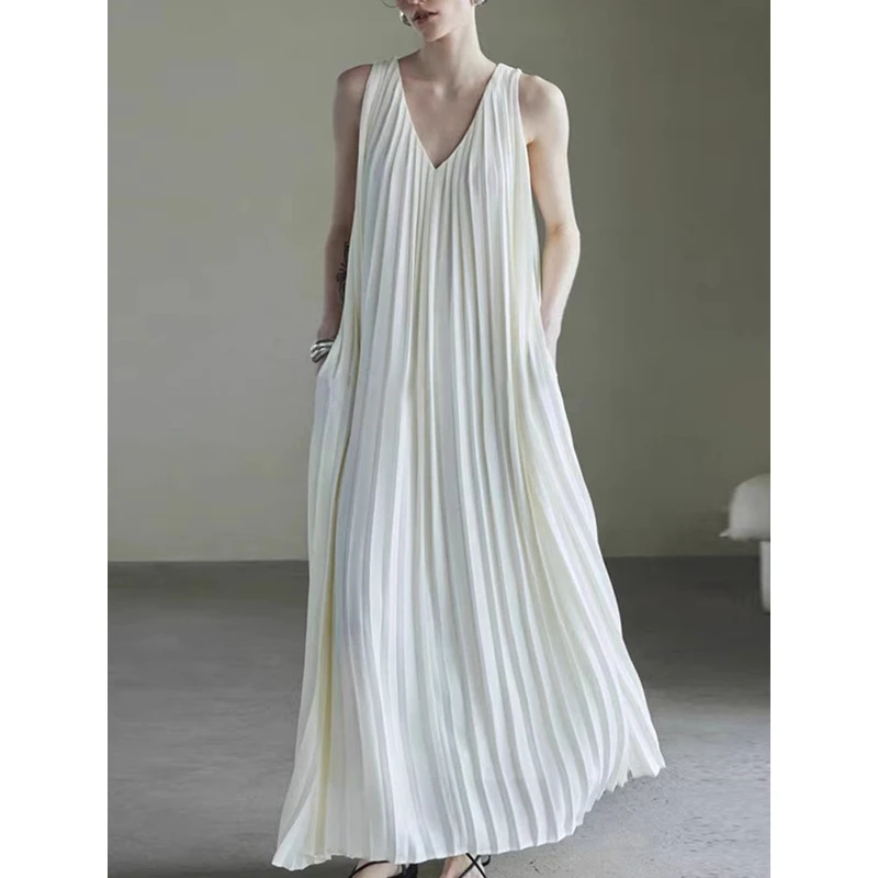 高级感女轻奢灵动白月光重工高定立体百褶长裙雪纺v领连衣裙女夏