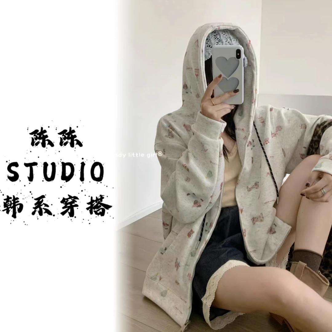 秋季拉链刺绣狗连帽收口袖短外套休闲时尚韩系冬季大码宽松胖mm
