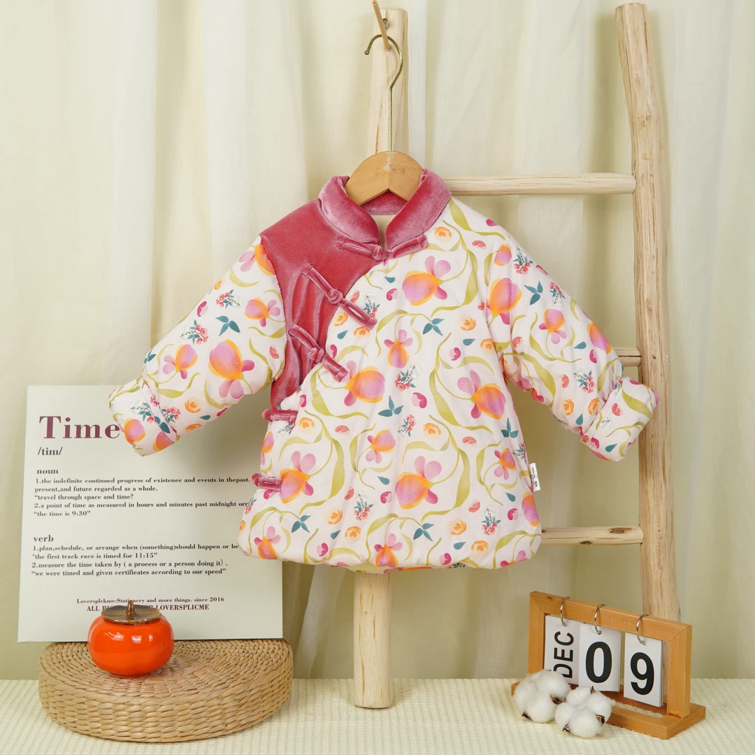 新款粉萝花语儿童偏襟国风复古手工棉衣纯棉花女宝棉袄过冬旗袍