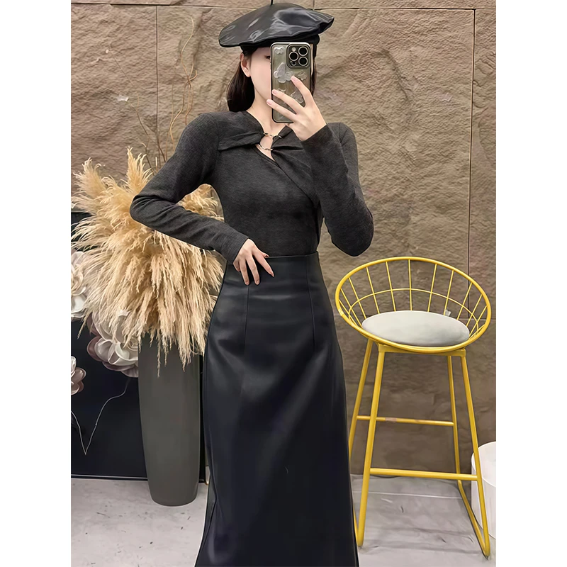 纯欲辣妹不规则领长袖上衣女秋季新款修身显瘦高腰半身皮裙子套装