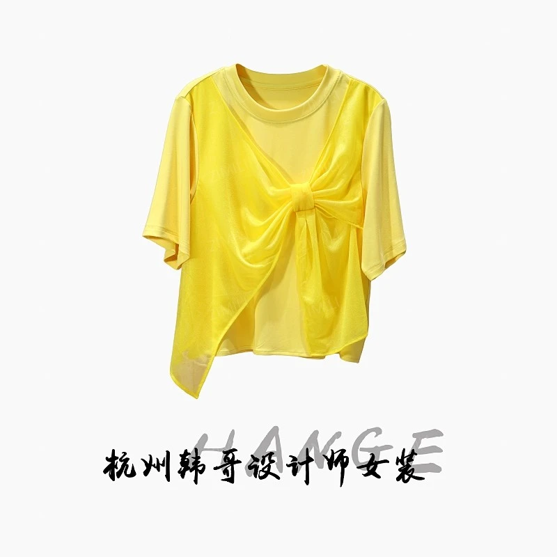 【韩哥女装】2025轻薄透气明黄色拼接蕾丝蝴蝶结休闲T恤8583