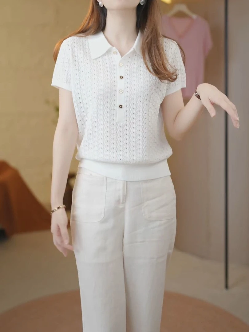 天丝+桑蚕丝夏季Polo领纯色镂空针织衫2025新款宽松百搭气质上衣