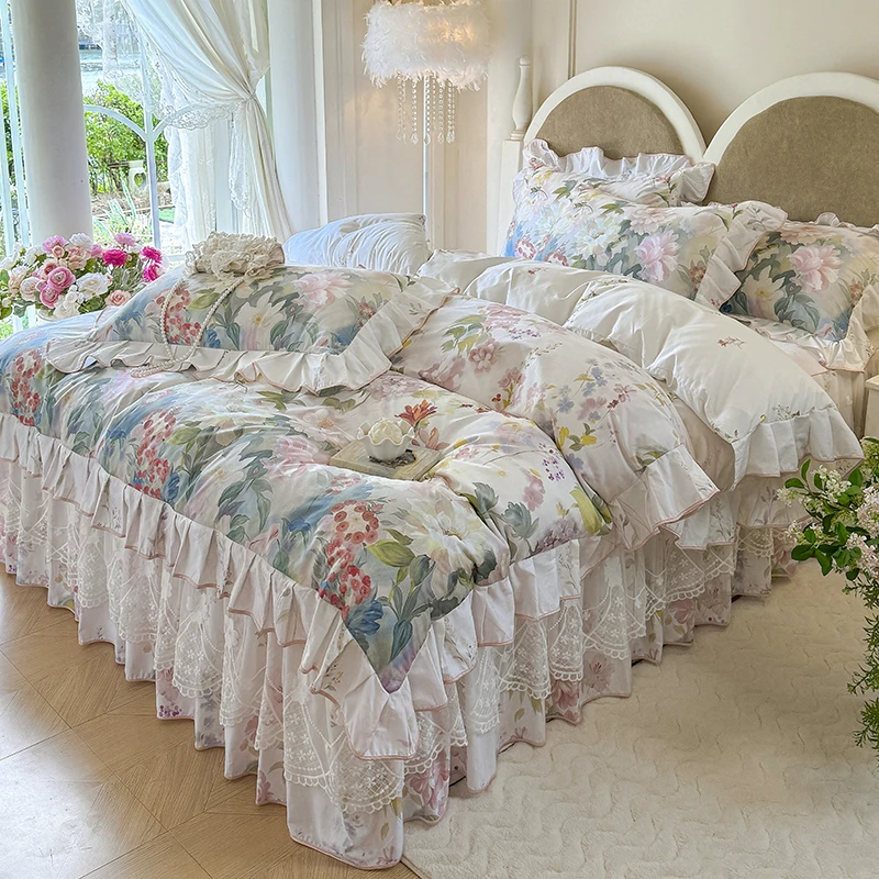 全棉纯棉韩式公主风蕾丝床罩4件套四季款床上用品床裙被套四件套