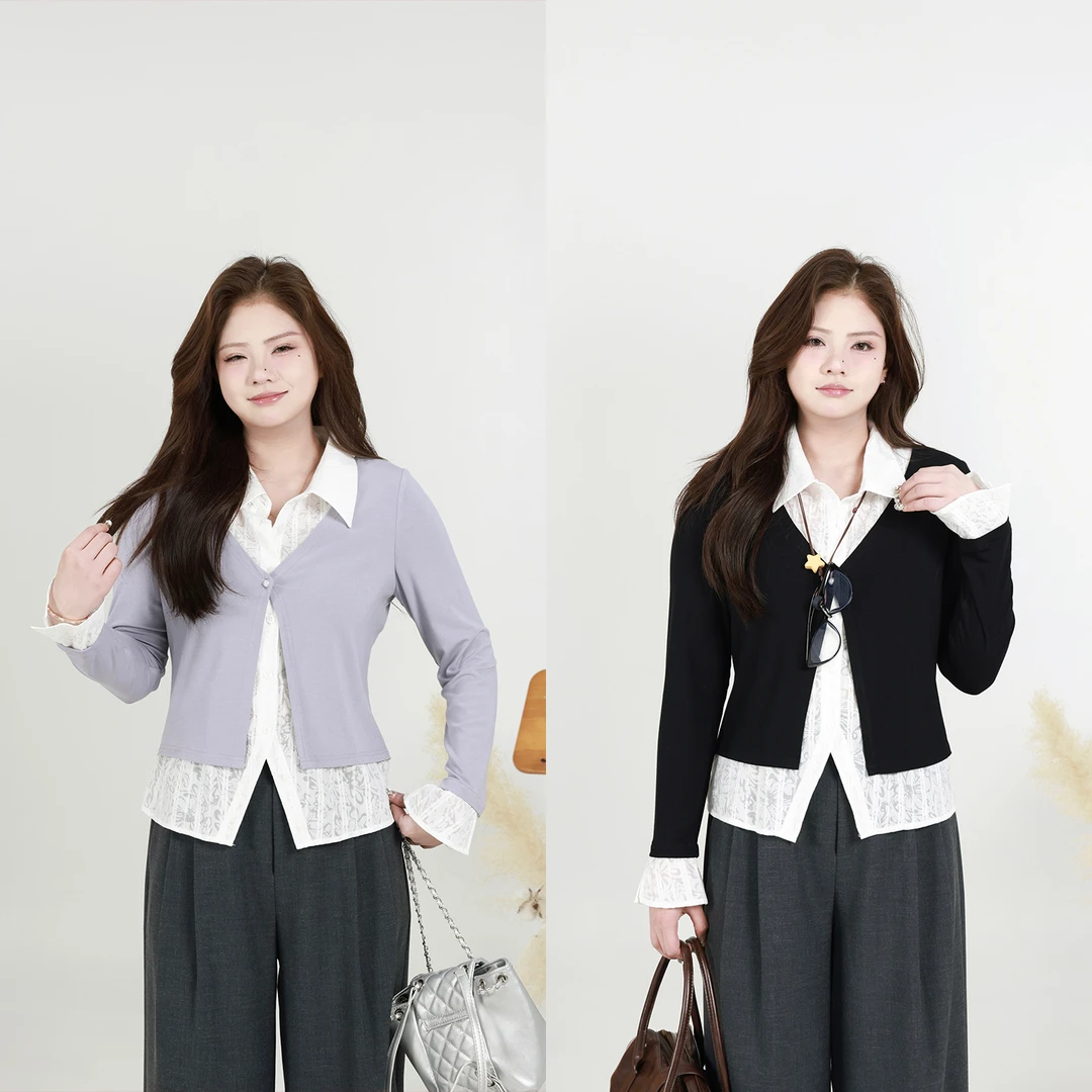 QC裂渡念念【S腰】微胖大码女装春显瘦蕾丝假两件长袖衬衫XS502D25