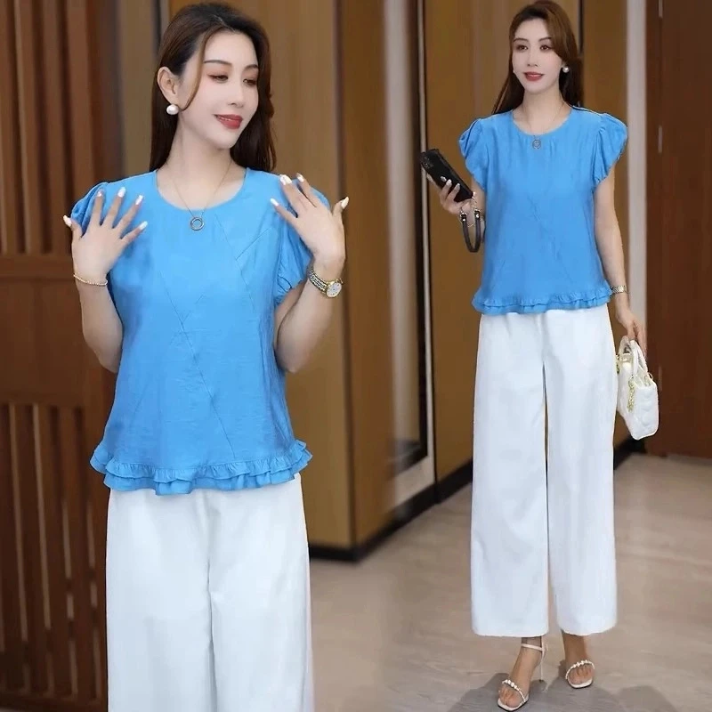 2025夏季新款宽松显瘦荷叶边圆领短袖上衣阔腿裤两件套