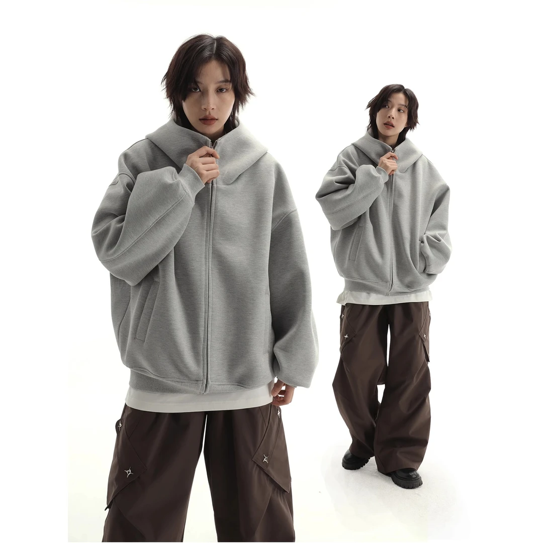 现货）秋季灰色重磅480克百搭开衫空气层男女同款连帽卫衣休闲外套