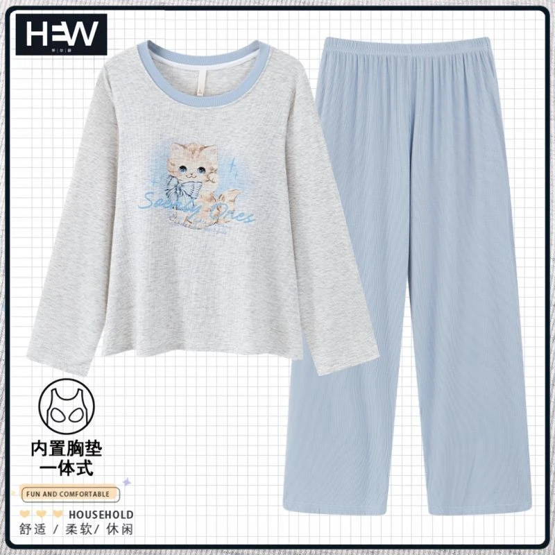 新款长袖长裤蓝色小猫带胸垫一体式女士家居服春秋季可外穿