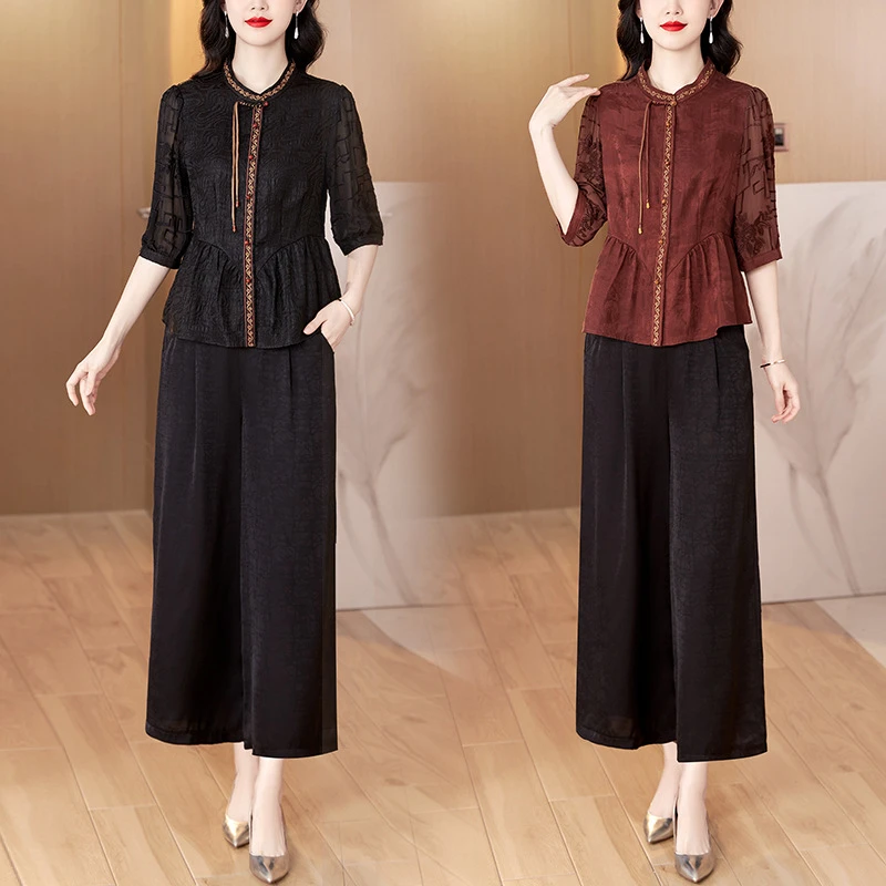 yshy8118新中式提花上衣裤子套装2025夏季新款中老年妈妈装洋气