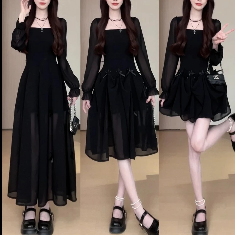 2025春季减龄收腰气质法式复古长袖黑色蝴蝶结连衣裙（可三穿）