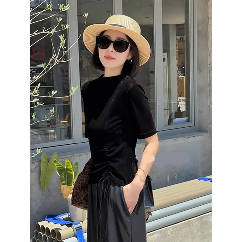 洋气设计感百搭显瘦五分袖丝绒上衣秋季新款时尚收腰系带小衫