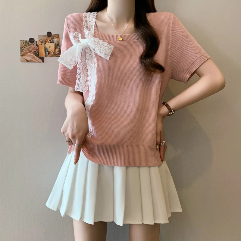 薄款冰丝针织衫短袖女2025新款夏季甜美减龄蕾丝拼接绑带露肩上衣