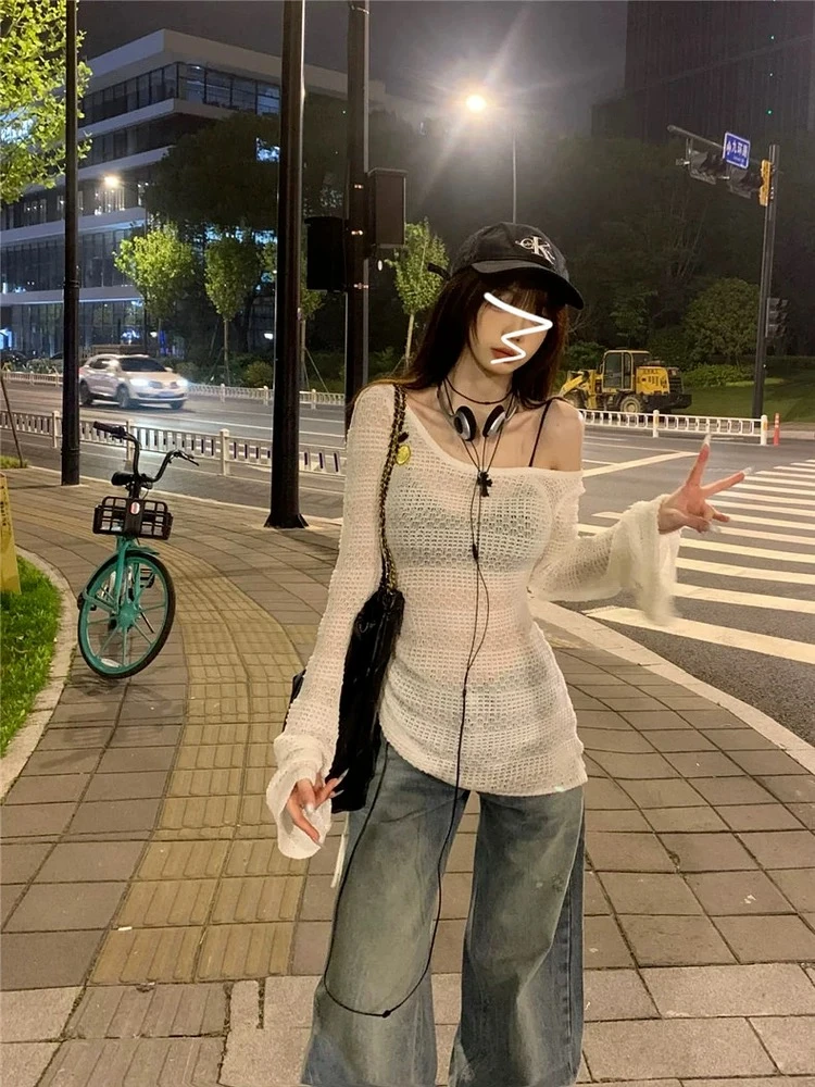 【美丽动人】性感辣妹白色防晒薄款喇叭针织镂空冰丝罩衫上衣#2260