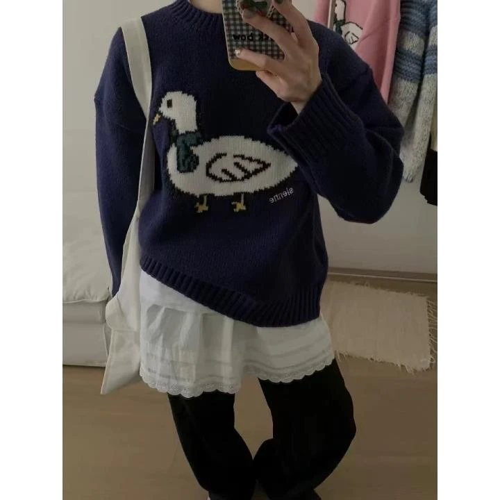 秋冬季新款潮流气质时尚甜美拼色卡通鸭鸭显瘦减龄百搭针织毛衣-G