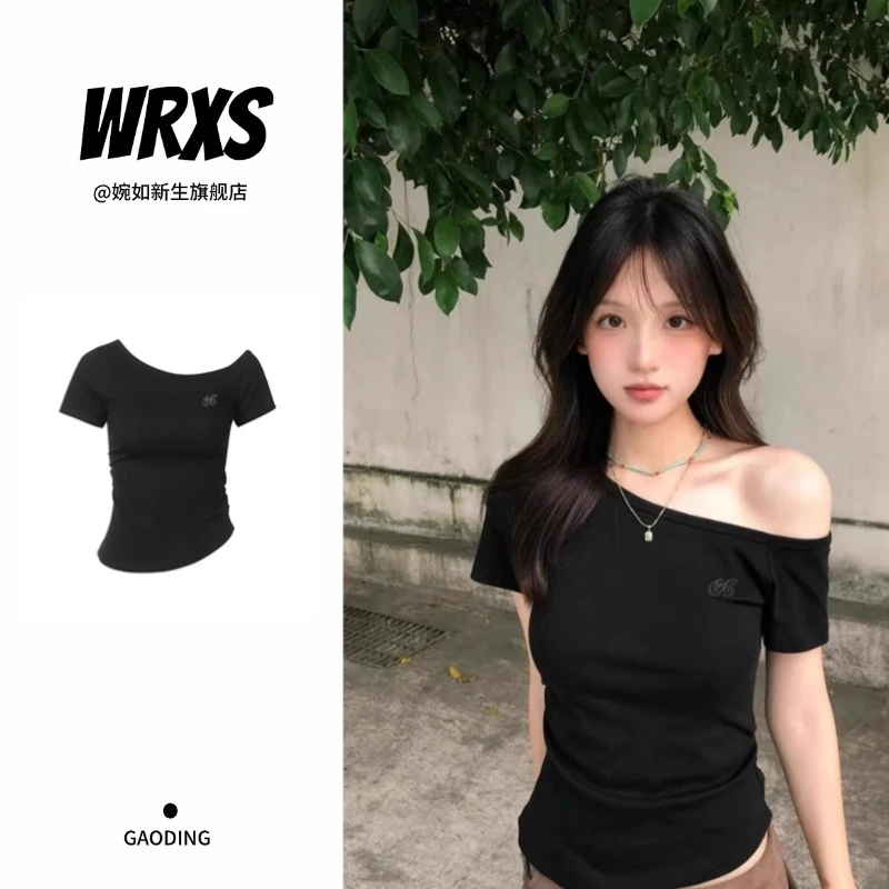 【婉如新生】美式甜辣收腰斜肩短袖t恤女夏季2025修身显瘦露肩上衣