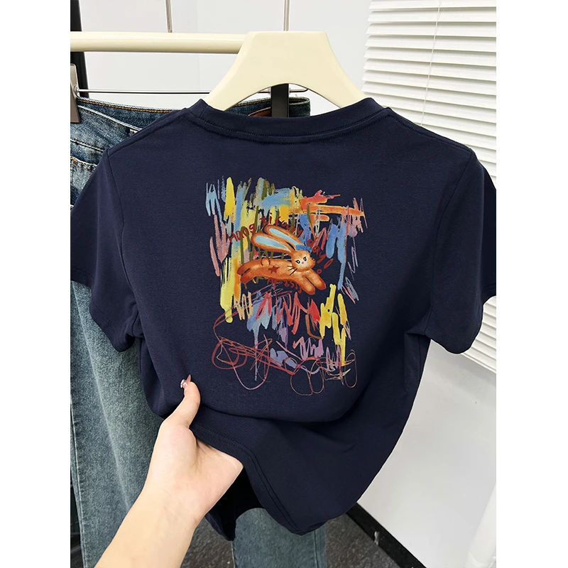 韩版趣味印花正肩圆领短袖t恤女装夏季新款藏蓝色休闲设计感上衣