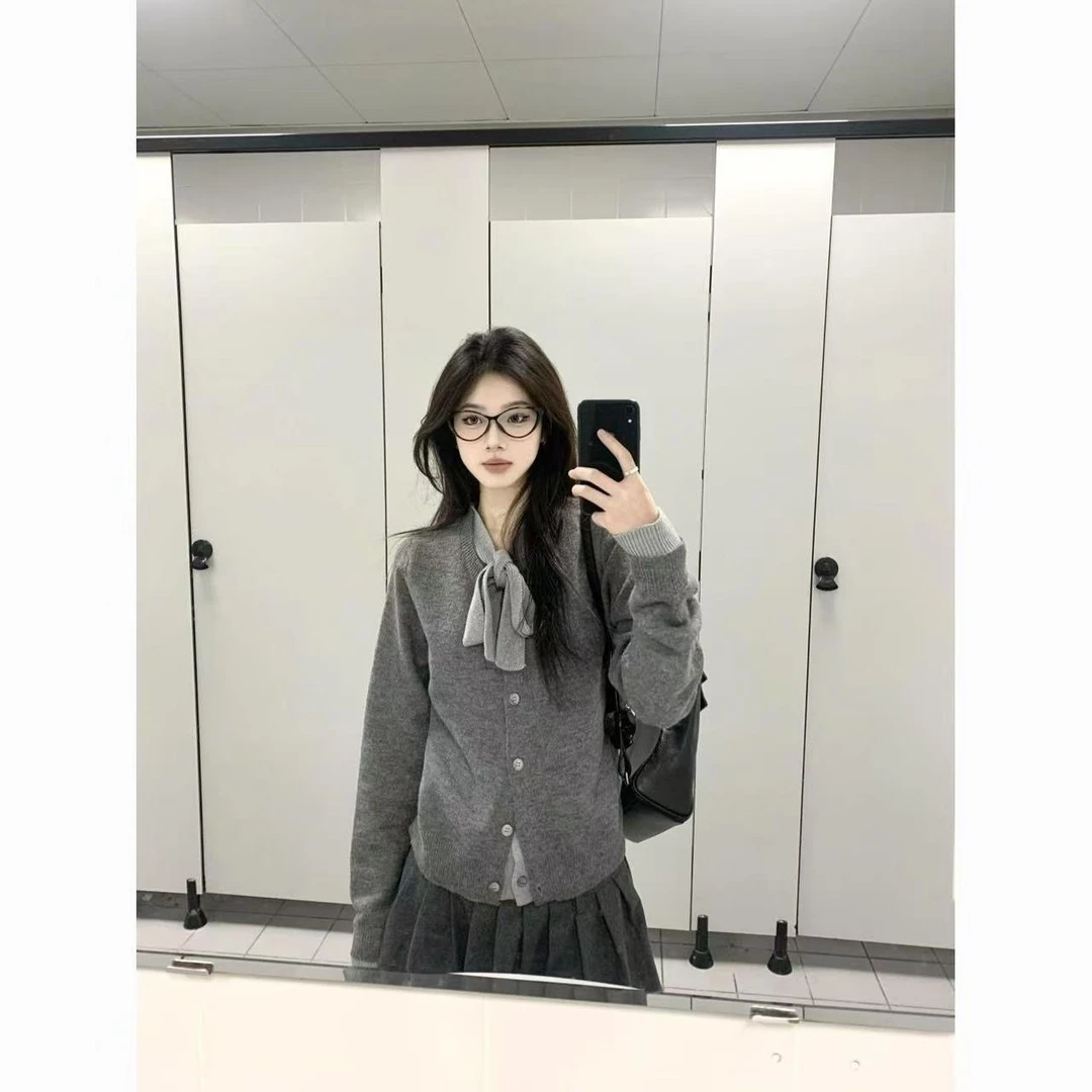 灰色格雷系穿搭假两件蝴蝶结针织衫上衣女开衫春秋季慵懒毛衣外套