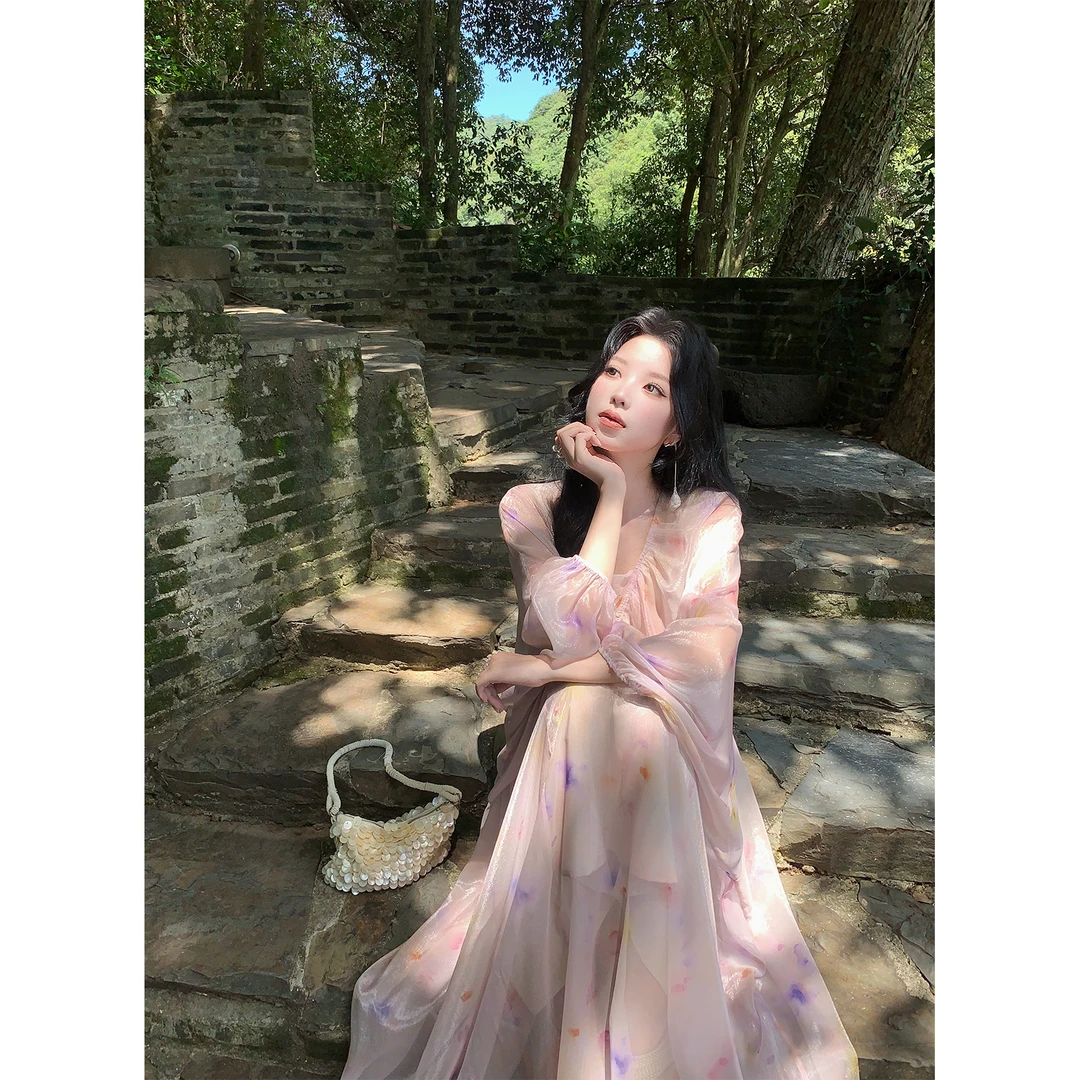 ICELOLLY仙气飘飘法式长袖印花薄纱连衣裙女夏温柔风巨好看长裙子