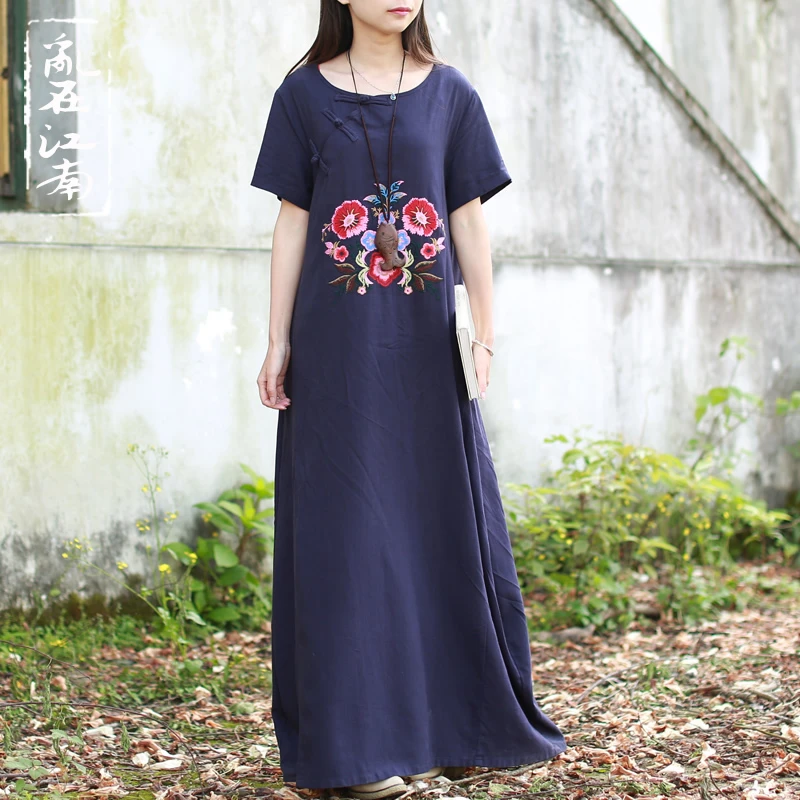 乱在江南新中式绣花棉麻连衣裙短袖夏装新品做旧古典盘扣改良旗袍