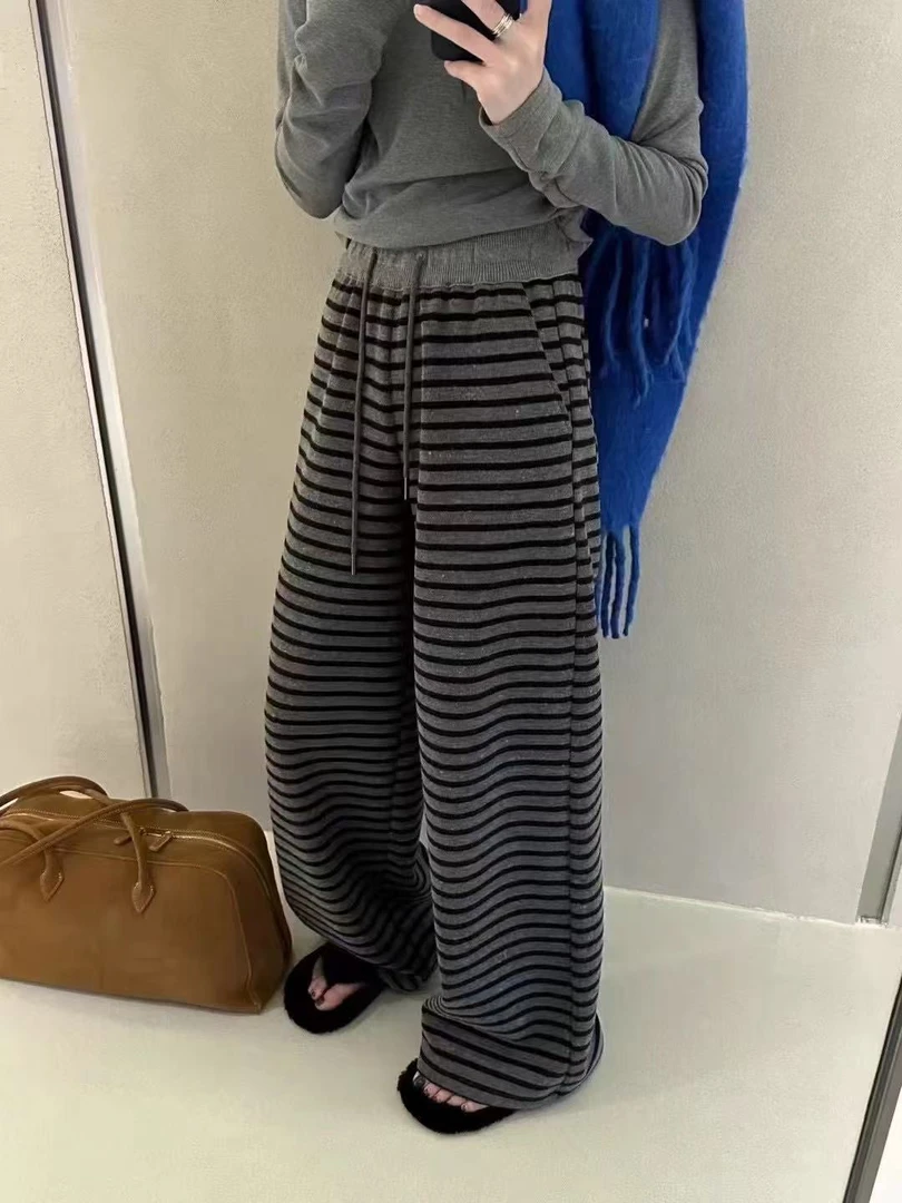 灰黑条纹裤加绒百搭女士休闲裤
