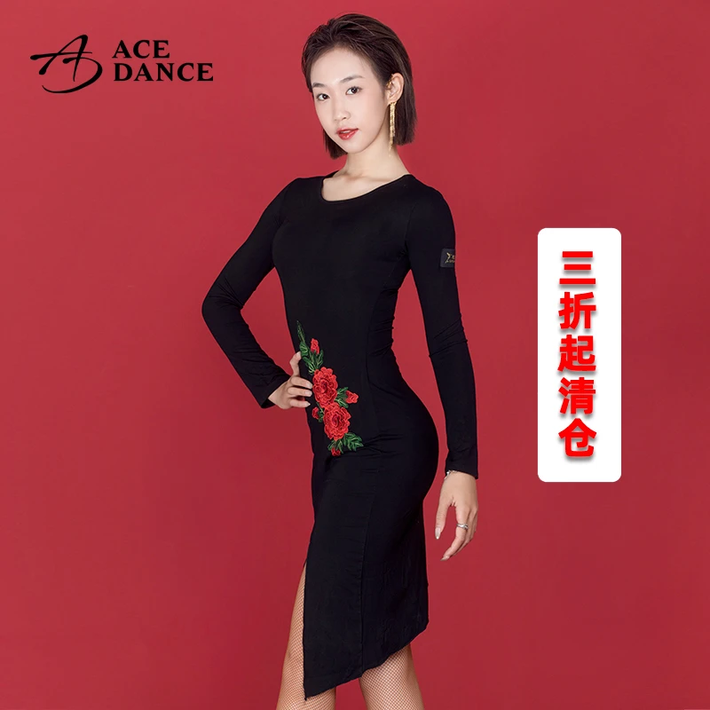 瑰意拉丁舞服女成人秋冬季新款玫瑰花长袖练功裙国标舞表演WQ168