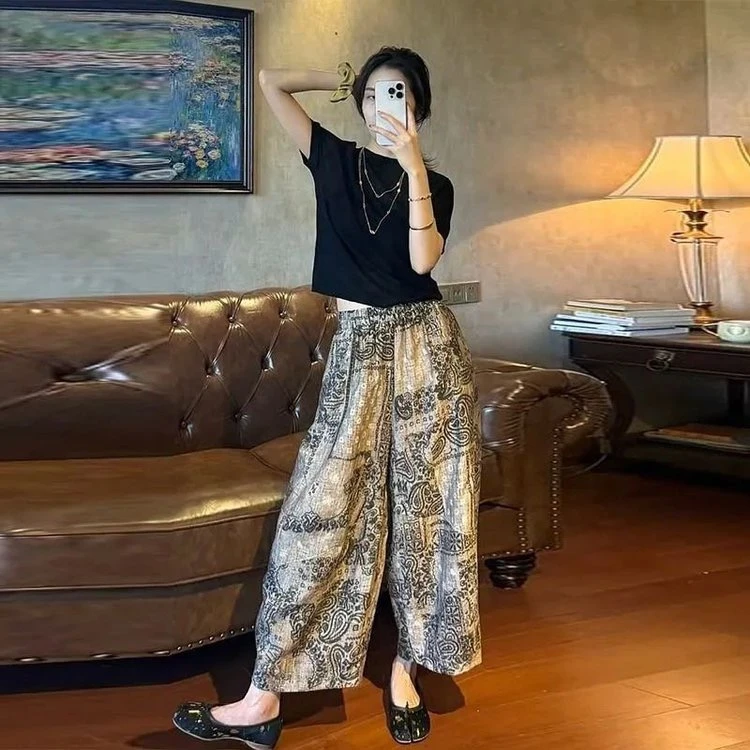 印花夏季薄款高腰阔腿裤休闲裤休闲时尚洋气碎花Y3K显瘦运动网红