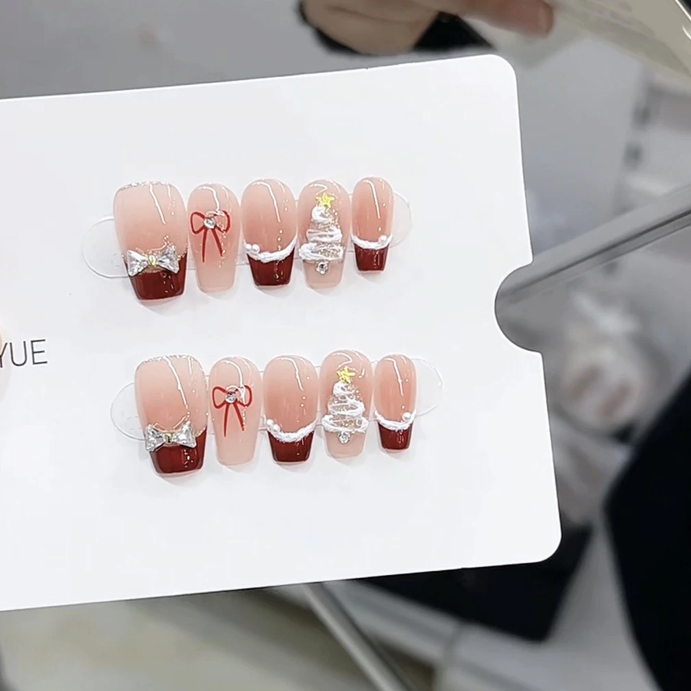 【圣诞蝴蝶结】纯手工穿戴甲甜美快乐圣诞美甲穿戴式美甲片指甲贴片