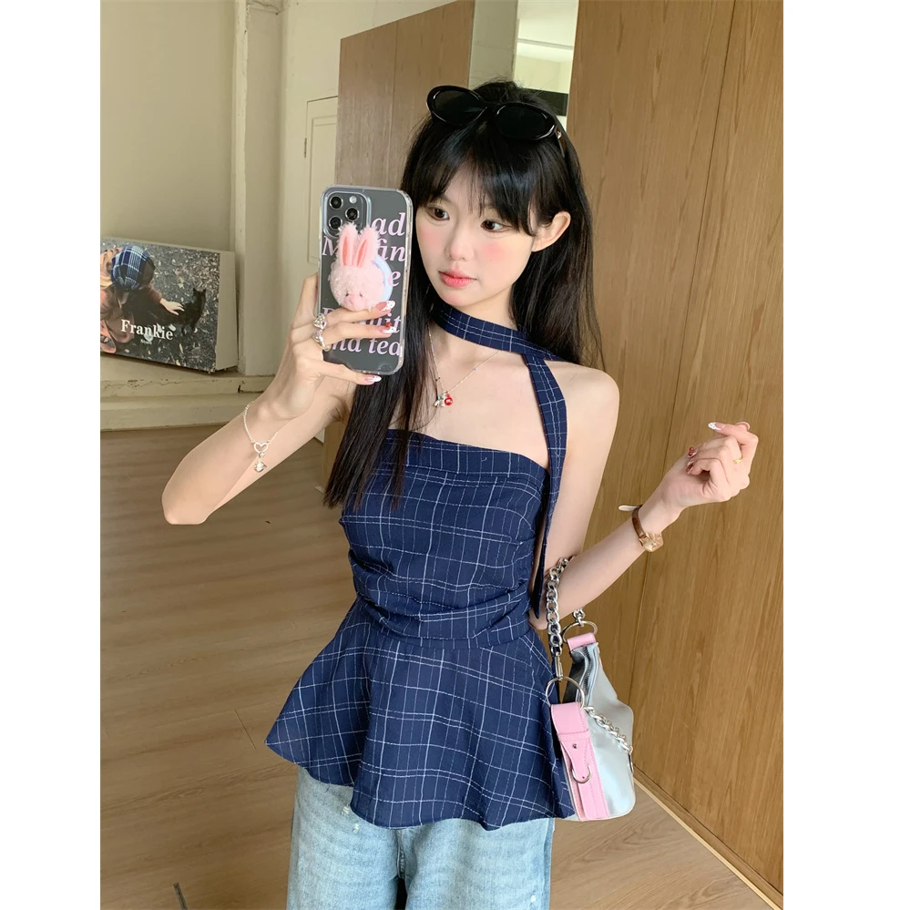 韩版辣妹格子抹胸背心女2025夏季设计感洋气显瘦短款露肩蓬蓬上衣